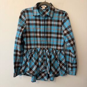Sundance Womens Blue Brown Plaid Peplum Flannel Button Down Shirt Small Cotton